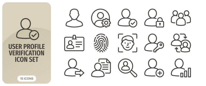 User profile verification icon set thin line icons for user account, identity security, biometric authentication, and profile management