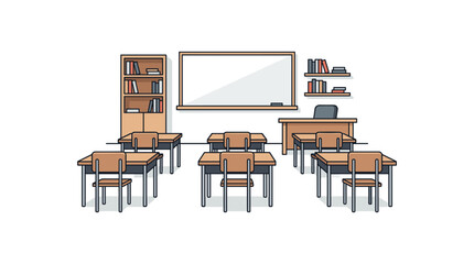 Classroom interior setup with wooden desks chairs whiteboard and bookshelves for school. © MSTSAFIYA
