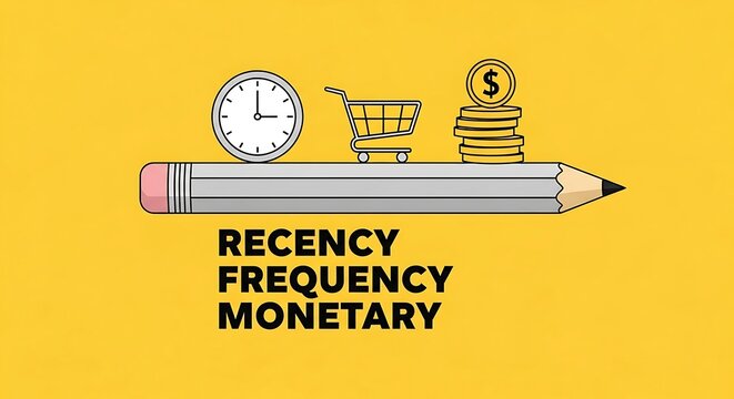 RFM analysis marketing concept with recency frequency monetary text, business customer segmentation icons on pencil, yellow background illustration