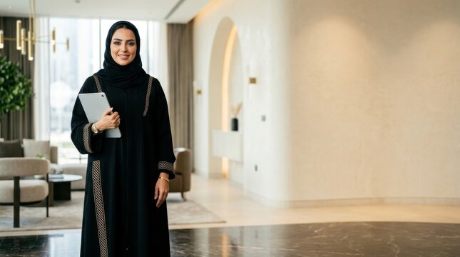 Emirati businesswoman wearing abaya holding a digital tablet in a modern luxury office lobby for Emirati Women's Day corporate portrait