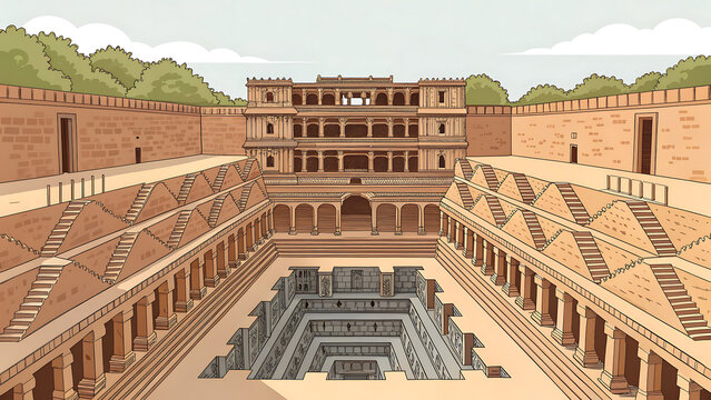 Rani Ki Vav  Gujarat  India  modern limited color vector illustration  ornate stepwell architecture  geometric stair patterns  flat minimalist travel artwork