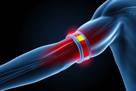 The application of a tourniquet on an arm in a medical emergency to stop severe bleeding during a critical situation.
