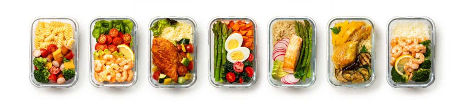 Weekly meal prep with seven homemade lunch boxes on a white background. Healthy balanced meals with pasta, chicken, seafood, fish, vegetables, quinoa, couscous, barley, and rice.