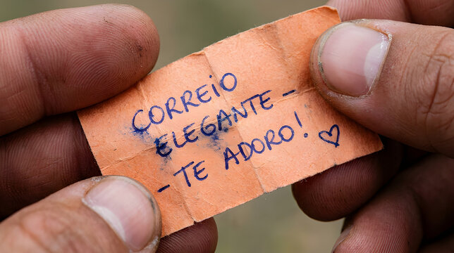 Extreme Close Up of Hands Holding Elegant Mail Correio Elegante Note