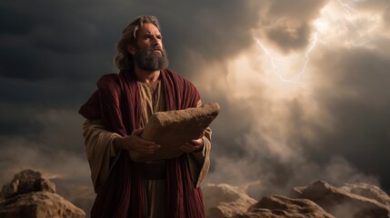 Fototapeta premium Moses stands upon the mountain holding the stone tablets of God’s Law, while divine light shines around him and the people of Israel watch in awe below, witnessing a defining moment of covenant, revel