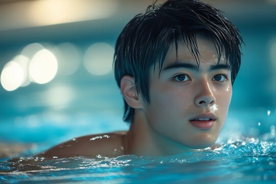 Young athletic man swimming laps in a blue indoor pool during an intense workout session