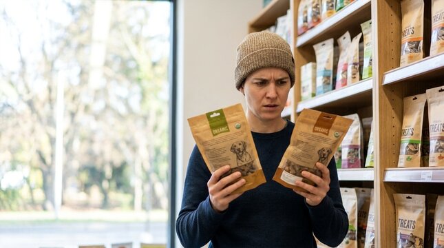 Confused woman choosing between two bags of organic dog treats on a store shelf
