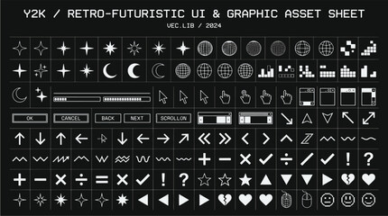 Retro futuristic UI and graphic asset sheet for design projects with futuristic interface collection minimalist geometric creative decoration graphics internet calculator geometry © tecna