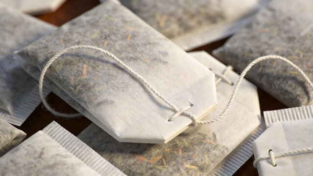 Tea bags with string and tag close-up