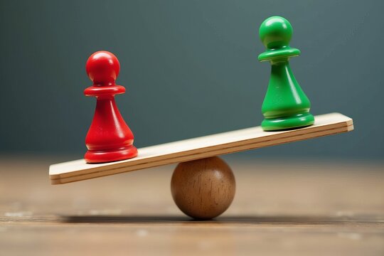 Balance and Imbalance in Business or Community Setting: Red and Green Pawn Figures on Wooden Seesaw.