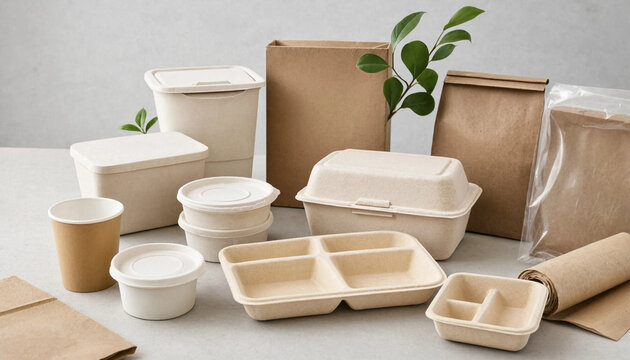 Sustainable biodegradable food packaging set including paper bags, cardboard boxes, and pulp containers for takeaway on a light background
