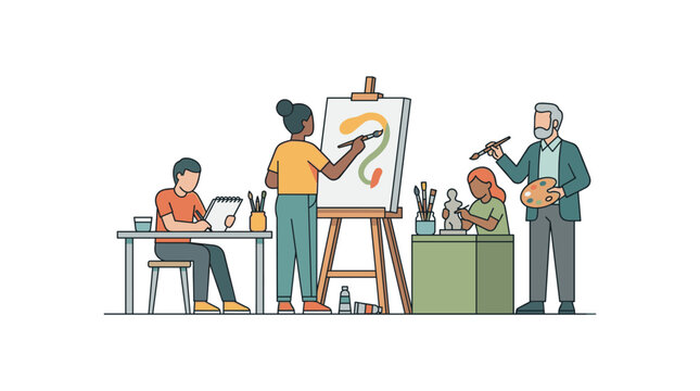 Art class scene with diverse people painting and sculpting in creative studio environment.