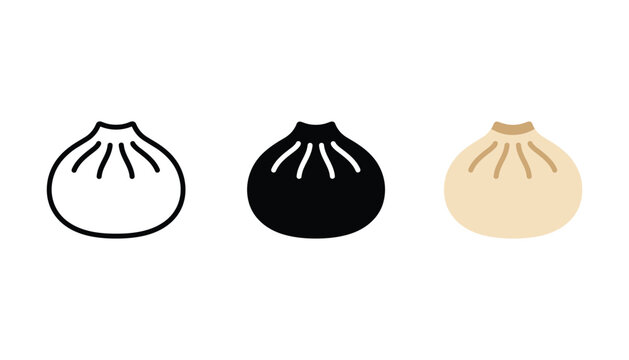 Steamed bun dim sum icon set featuring traditional food in three styles including linear solid black and flat color vector for restaurant menus and culinary branding