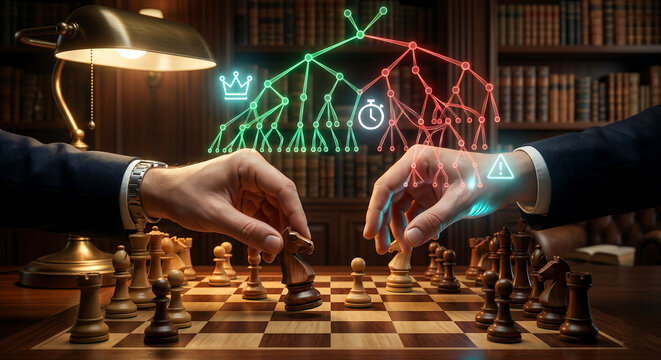 Strategic Chess Game with Digital Overlay of Decision Tree and Glowing Icons
