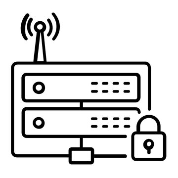 Clean flat vector line icon of a remote server rack with simple hardware details, useful for backend systems, database hosting, and cloud storage UI.