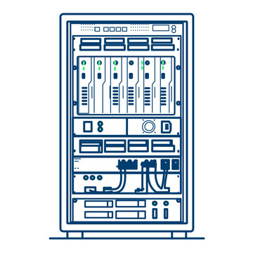 Clean flat vector line icon of rack mounted server hardware, suited for data center monitoring, IT support portals, and infrastructure presentations.