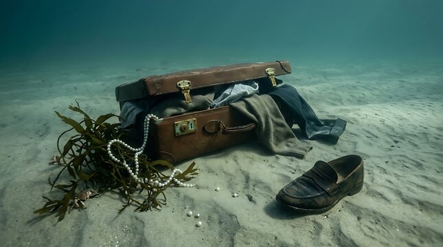 Old vintage leather briefcase with metal keys and a single loafer shoe on a sandy surface against a dark green background