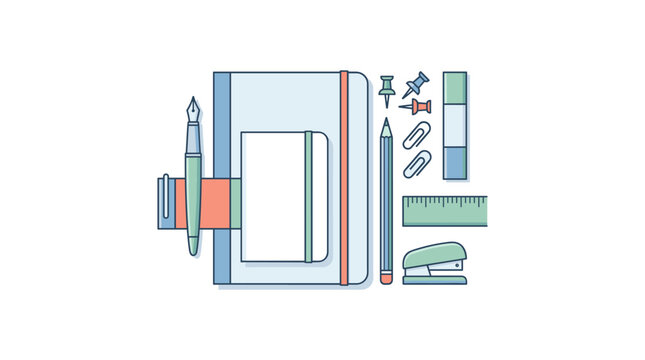 Assorted stationery and office supplies with notebook pencil stapler and paper clips set.