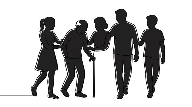 A continuous line drawing silhouette of a multi-generational family helping an elderly person walk.