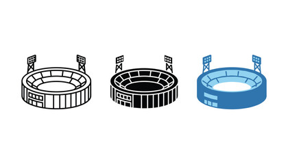 Modern stadium arena icon set in line art solid black and flat blue color styles for sports event branding and stadium architecture featuring isometric views of large outdoor competition venues © TARU STOCKPLC
