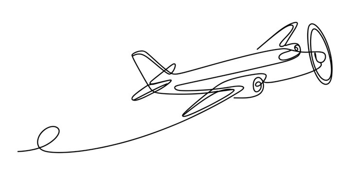 Simple black line drawing of an airplane flying with a swoosh trail
