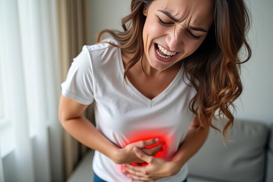 Woman suffering from severe gastrointestinal distress and menstrual pain grimacing in agony in close-up shot.