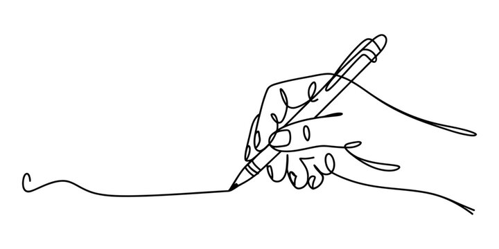Continuous line drawing of a hand writing with a pen, simple black outline on white background