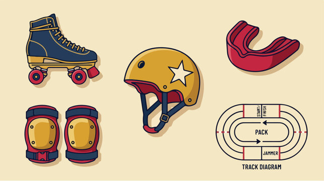 Roller Derby Equipment and Track Diagram Icons.