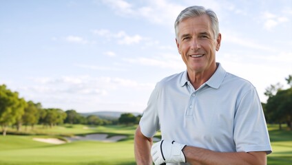 Fototapeta premium Smiling senior man on a green golf course. Mature male golfer in polo shirt and glove. Active retirement and healthy lifestyle concept