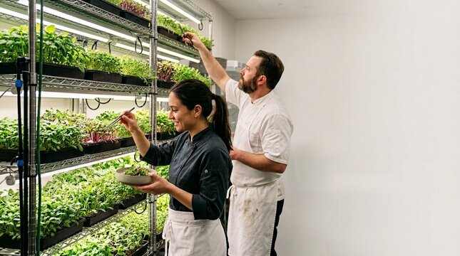 Chefs tending to vertical hydroponic farm with fresh greens and microgreens growing under lights