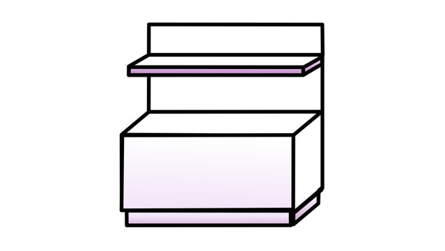 A clean flat vector line icon features an unfilled retail shelving unit, useful for store operations, product placement, and inventory control.