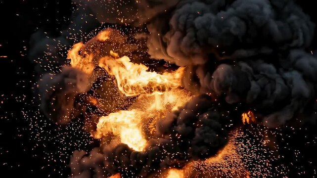 Massive orange explosion with thick black smoke and flying sparks. Violent fire blast, war destruction, fuel detonation. Dangerous military combat effect, energy.