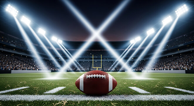 The illuminated gridiron awaits the start of an epic contest, with an American football ready on the turf under brilliant stadium spotlights, capturing the essence of game day anticipation