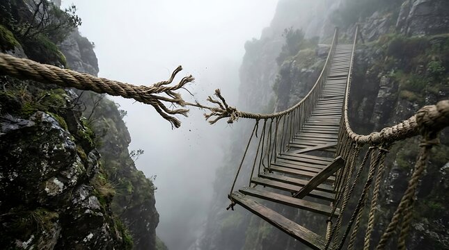 Old rope bridge breaking over a deep misty canyon in the mountains