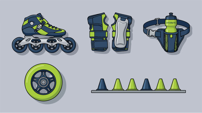 Set of inline skating equipment and protective gear accessories.