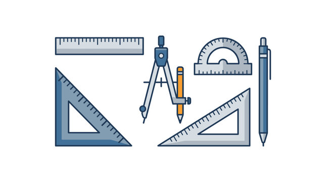 Mathematical and geometry set with rulers protractor compass and pen for drawing accuracy.