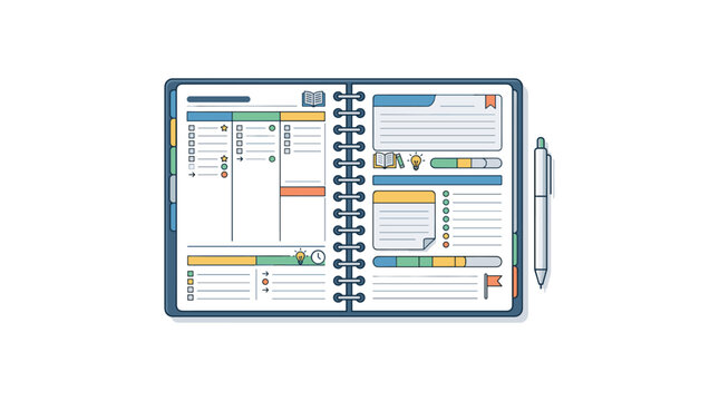 Open planner notebook with sections for tasks goals and notes and pen.