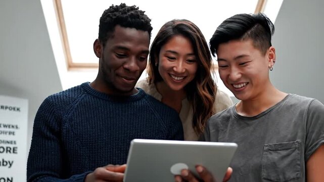 Three diverse young colleagues smiling and collaborating together using digital tablet in bright modern office