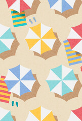 Vector illustration of a pattern depicting a top view of a sandy beach filled with colorful striped umbrellas, beach towels and flip-flops. © sunshinys