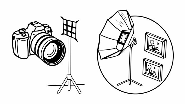 Camera equipment including a digital reflex body and professional lighting softbox setup are arranged for a studio session.