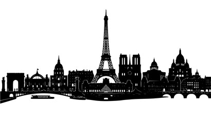 Fototapeta premium Paris Skyline Silhouette Vector Illustration with Eiffel Tower and Famous Landmarks Isolated on White