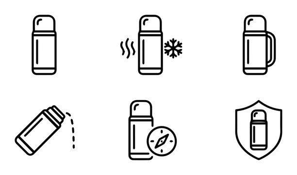 6 Thermos silhouette icons, thermos bottle, temperature control, solid black style, education, science