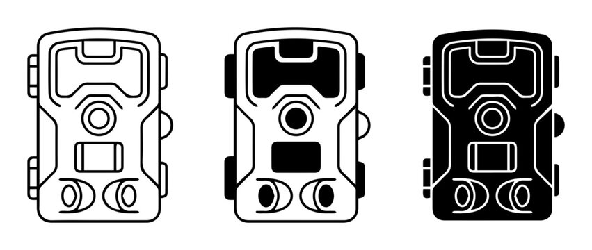 3 Trail camera silhouette icons, motion sensor, solid black style, outdoor surveillance