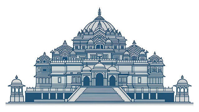 Akshardham Temple, Delhi, India, modern limited color vector illustration, grand temple silhouette, geometric detailing, clean flat design