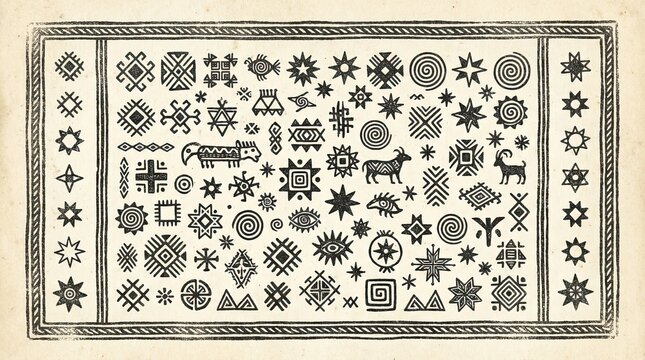 Vintage ethnic symbols and tribal ornaments pattern sheet.