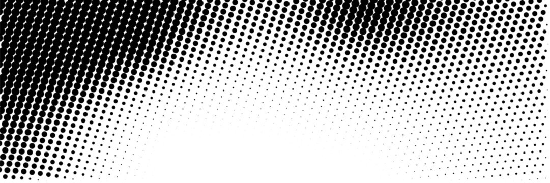 Half tone dot pattern background with texture and gradient fade effect. Pixel art for overlay or pop design. Vintage black retro grunge style.
