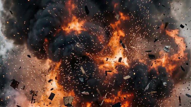 Massive explosion with fire and smoke in the air. Combat scene showing debris scattering from blast. Military conflict zone with destruction and thermal energy shock.