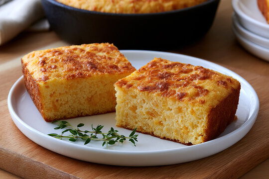A savory cornbread made with cornmeal, cheese, onions, and eggs named Sopa Paraguaya on the table