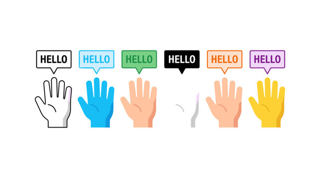 Hand gesture hello icons with colorful speech bubbles for digital communication feedback.