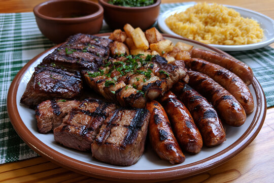 Grilled beef, pork, and sausages cooked over charcoal named Asado Paraguayo on the table